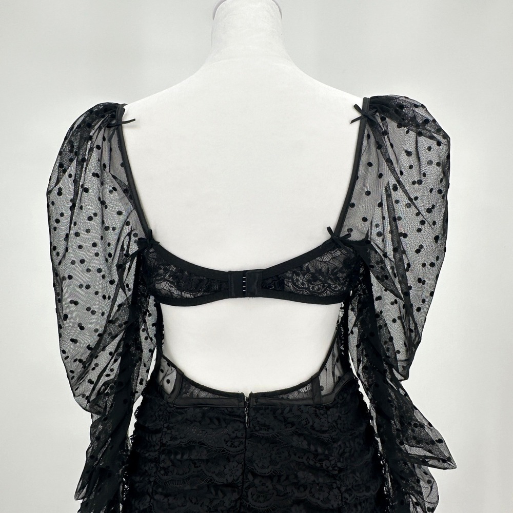 For Love & Lemons Black Lace Polka Dot Corset Sheer Ruched Mini Dress Womens L - Picture 6 of 11